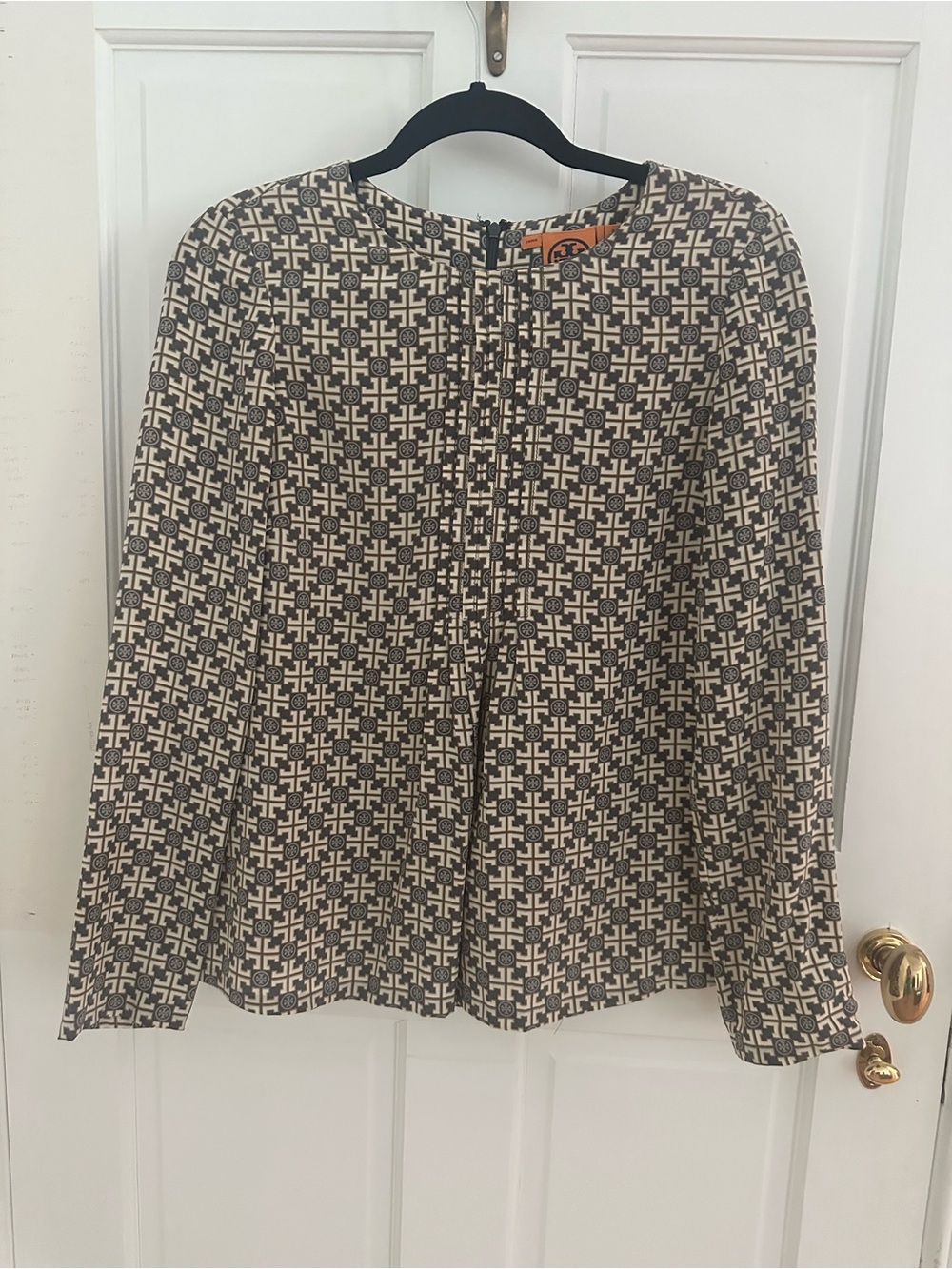 Tory Burch Brown and Cream Monogram Silk Blouse